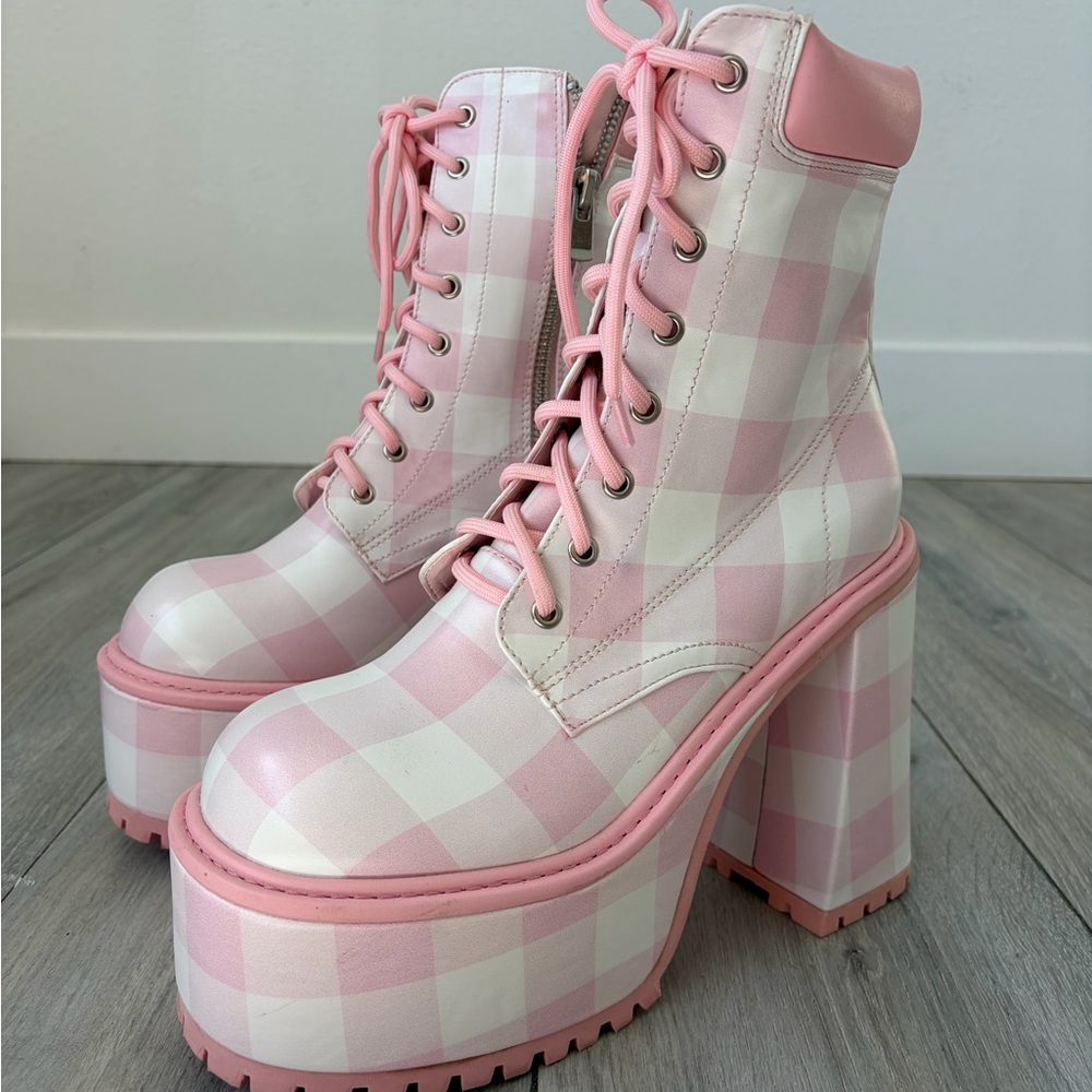 Demonia Pink and White Plaid Platform Boots